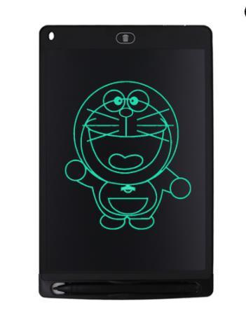 Black electronic writing pad with a green cartoon character on a white background